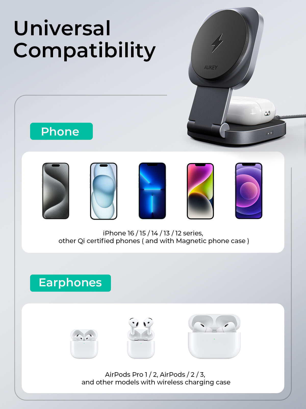 Aukey-MagFusion L Qi2 Foldable 2 In 1 Magnetic Wireless Charger